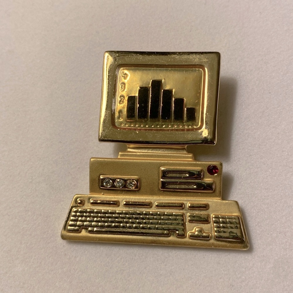 Vintage Gold Tone PC Computer Brooch, 1980's-1990's, Signed AJC